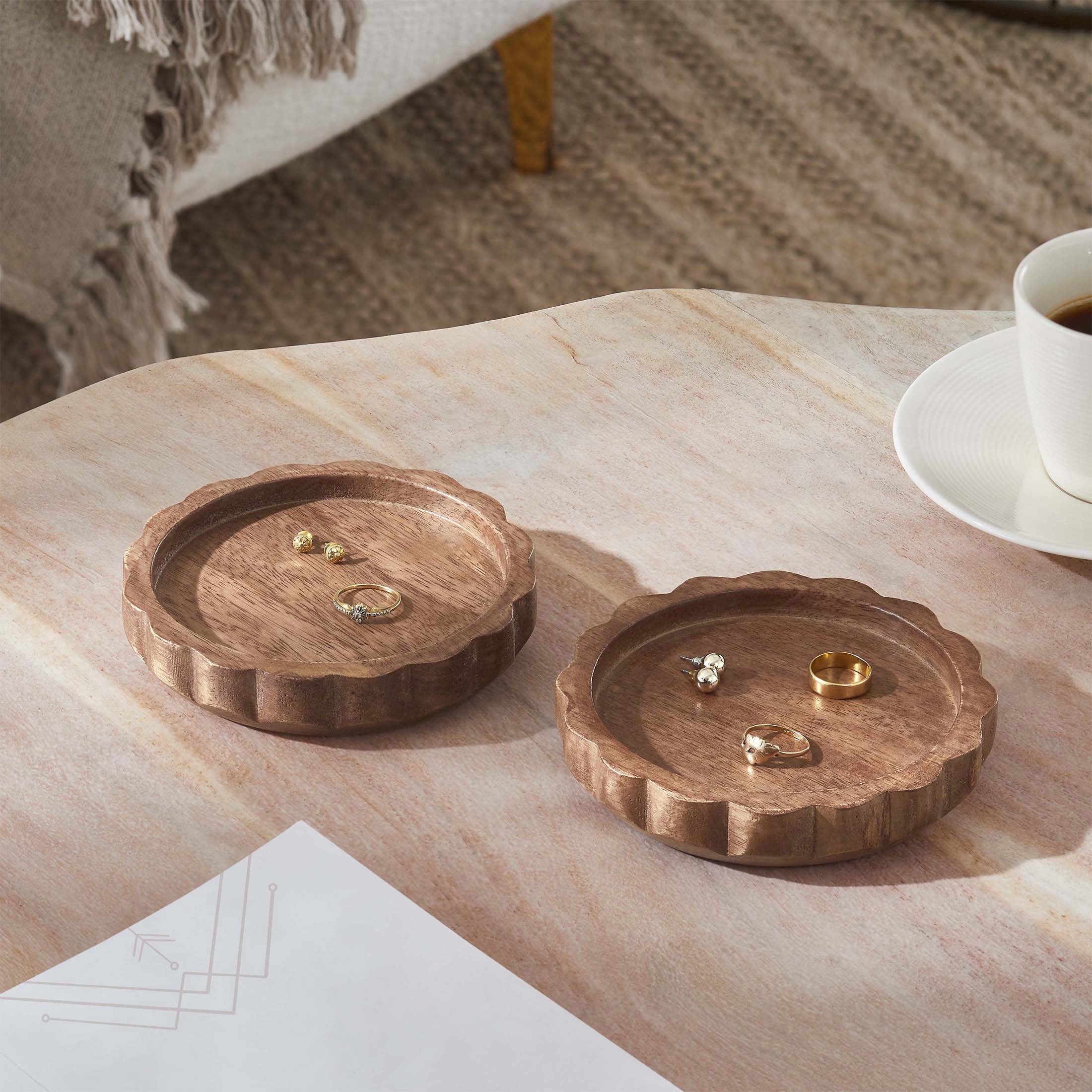 My Texas House 2-Piece Natural Mango Wood Decorative Trinket Trays, 5.32" x 1"