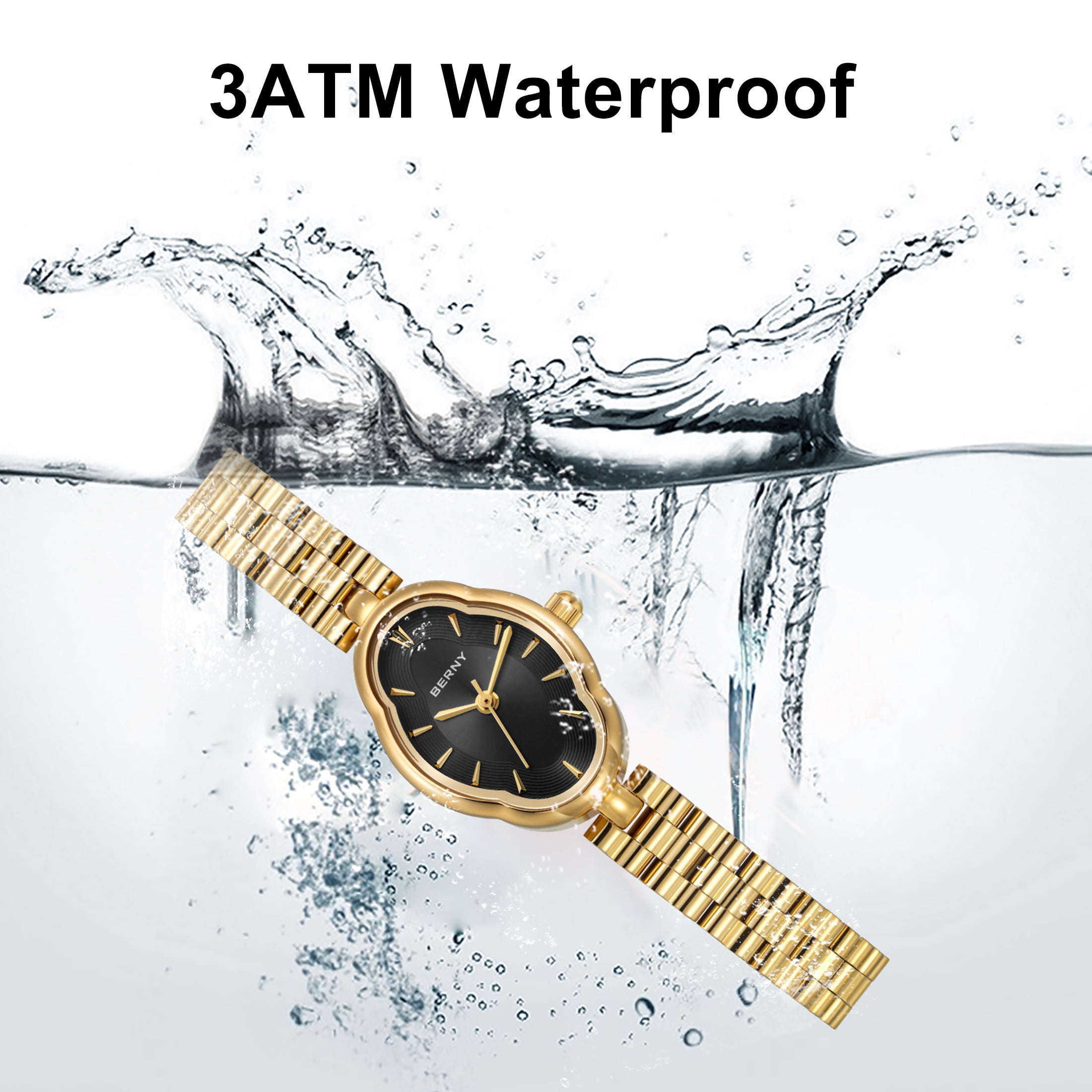 BERNY Small Gold Watches for Women Dainty Vintage Ladies Analog Quartz Bracelet Watch, Adjustment Tool Included Stainless Steel Waterproof, Fashion Luxury Womens Wrist Watches Gifts (Black)
