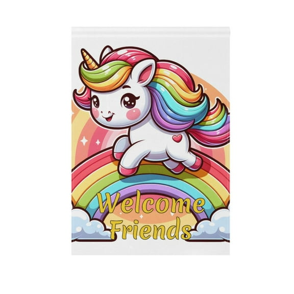 Cartoon Unicorn on Rainbow Garden Flag House Banner 12" x 18" Double Sided Outdoor Yard Decoration