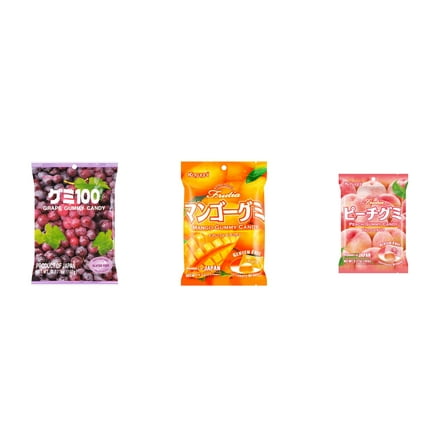 3 Pack Kasugai Gummy Candies, Made in Japan, Gluten Free, Mix 3 Flavor (Grape Frutia,Mango,Peach) Plus NineChef Brand Long Handle Coffee Spoon