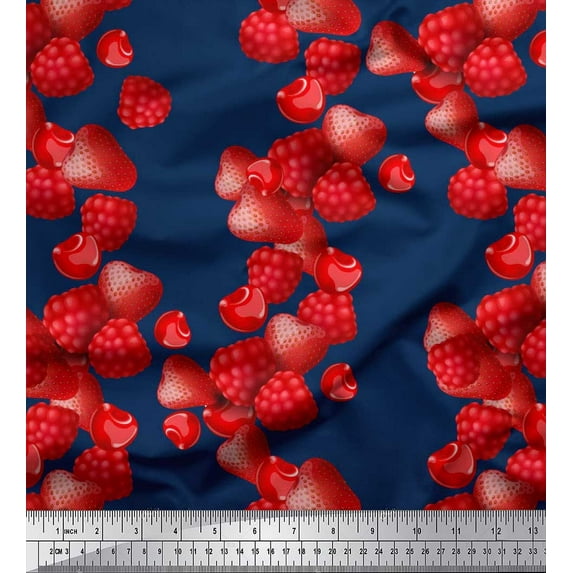 Soimoi Cotton Duck Fabric Raspberry,Strawberry & Cherry Fruits Print Sewing Fabric Yard 56 Inch Wide
