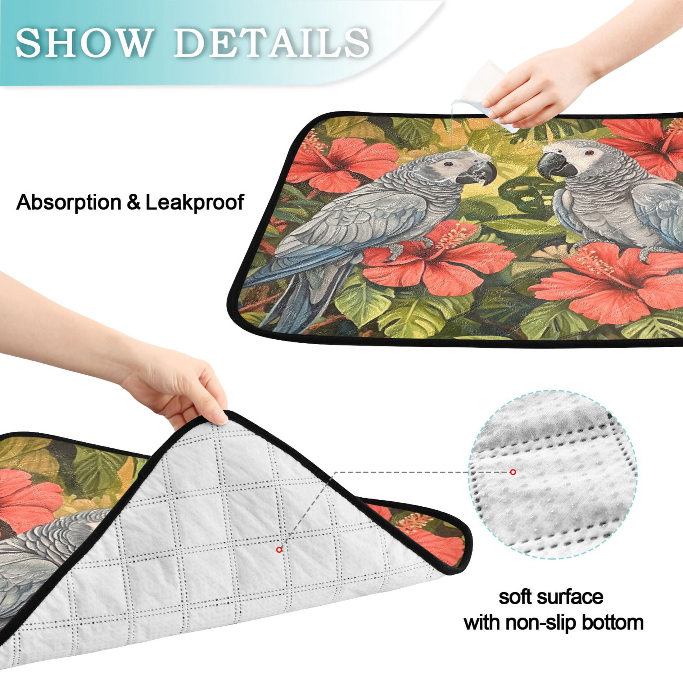 Qxltty Two Playful Gray Parrots Cat litter Pads Pet Set of 3 Diaper Mats Center Anti-leakage Layer Absorbent Soft and Comfortable