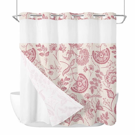 Abstract Spring Floral No Hook Shower Curtain Waterproof, Bathroom Curtains with Snap in Liners and See Through Top Window, Farmhouse Summer Botanical Hotel Style Bathtub Curtains Shower 72"Wx78"L