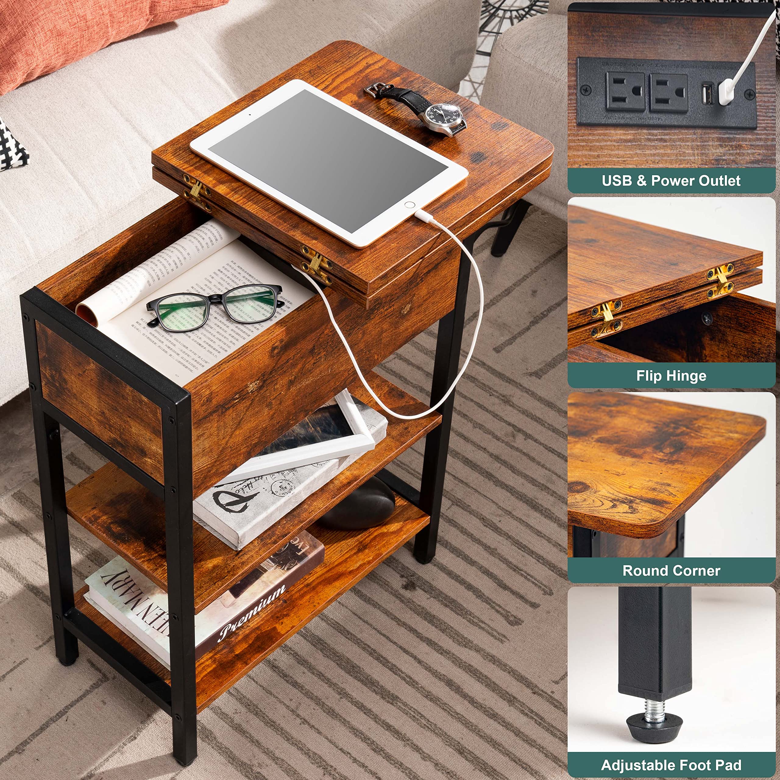 Yoobure End Table with Charging Station, Berry Brown photo 3