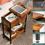 End Table with Charging Station, Flip Top Side Table for Living Room, Bedroom, Narrow Nightstand Bedside Table with Storage Shelves, Berry Brown