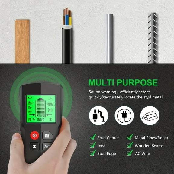 5-In-1 Multifunctional Wall Scanner - Intelligent Microprocessor Chip & HD LCD Display | AC Cable/Metal Locator | Detects Wood, Wires, Metal Piles, Beams & Pipes (Center/Edges)
