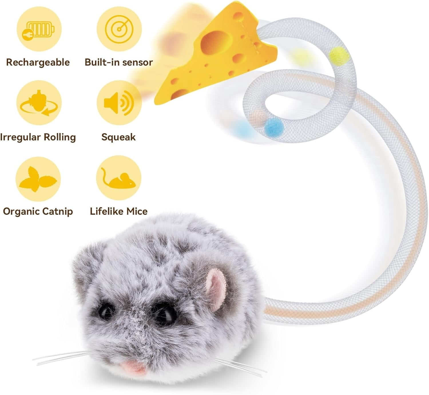 Interactive MigiMouse   360? Rolling & Spin with Wiggling Tail for Indoor Cats  Motion Sensor, Realistic Squeak, Rechargeable Plush Kitten (Grey Long)