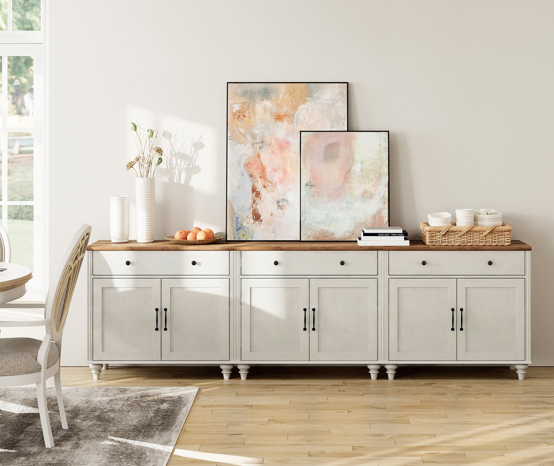 Credenza & Sideboard with 6 Doors & 4 Drawers, 101 Inch Modern Farmhouse Large Coffee Bar Buffet Cabinet, White Wooden Kitchen Storage Cabinet for Dining Room