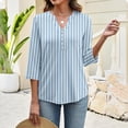 thumbnail image 3 of Bbyeadc Summer Blouses for Women 3/4 Length Sleeve Button Tops V Neck Striped Print Tee Elegant Summer Pullover,Blue(M), 3 of 5