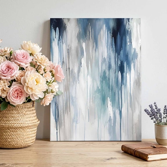 Abstract Artwork Canvas Wall Art, Impressionist Blended Ocean Tones Blue White Splashes Framed Canvas Wall Decor Picture Print Artwork Decorations for Living Room Office Ready to Hang 16" x 12"