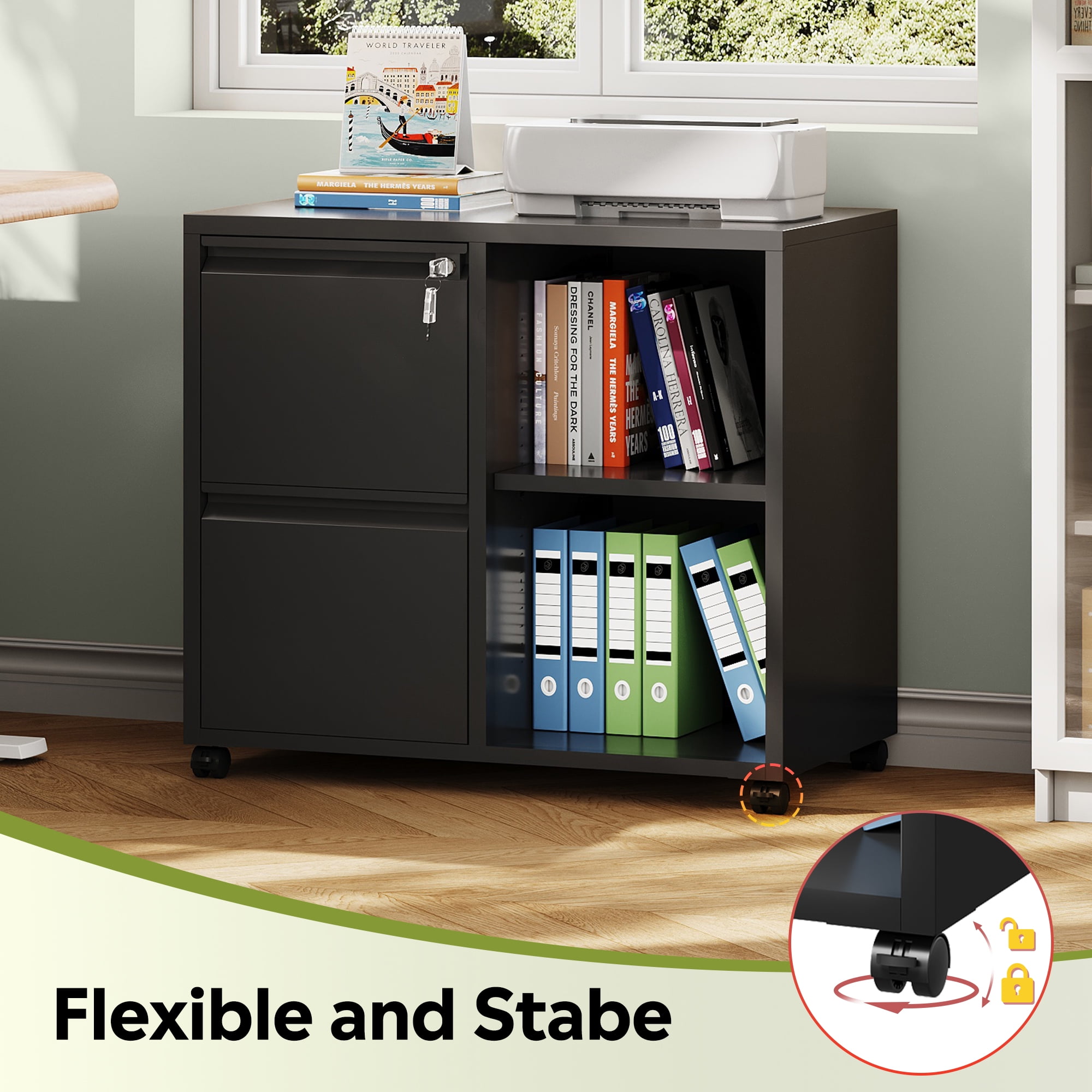 GALAXHERO 2 Drawer File Cabinet with Lock, Metal Filing Cabinet for Home Office, Rolling Printer Stand with Adjustable Shelf, Fit Letter/A4/Legal Size Files, Black