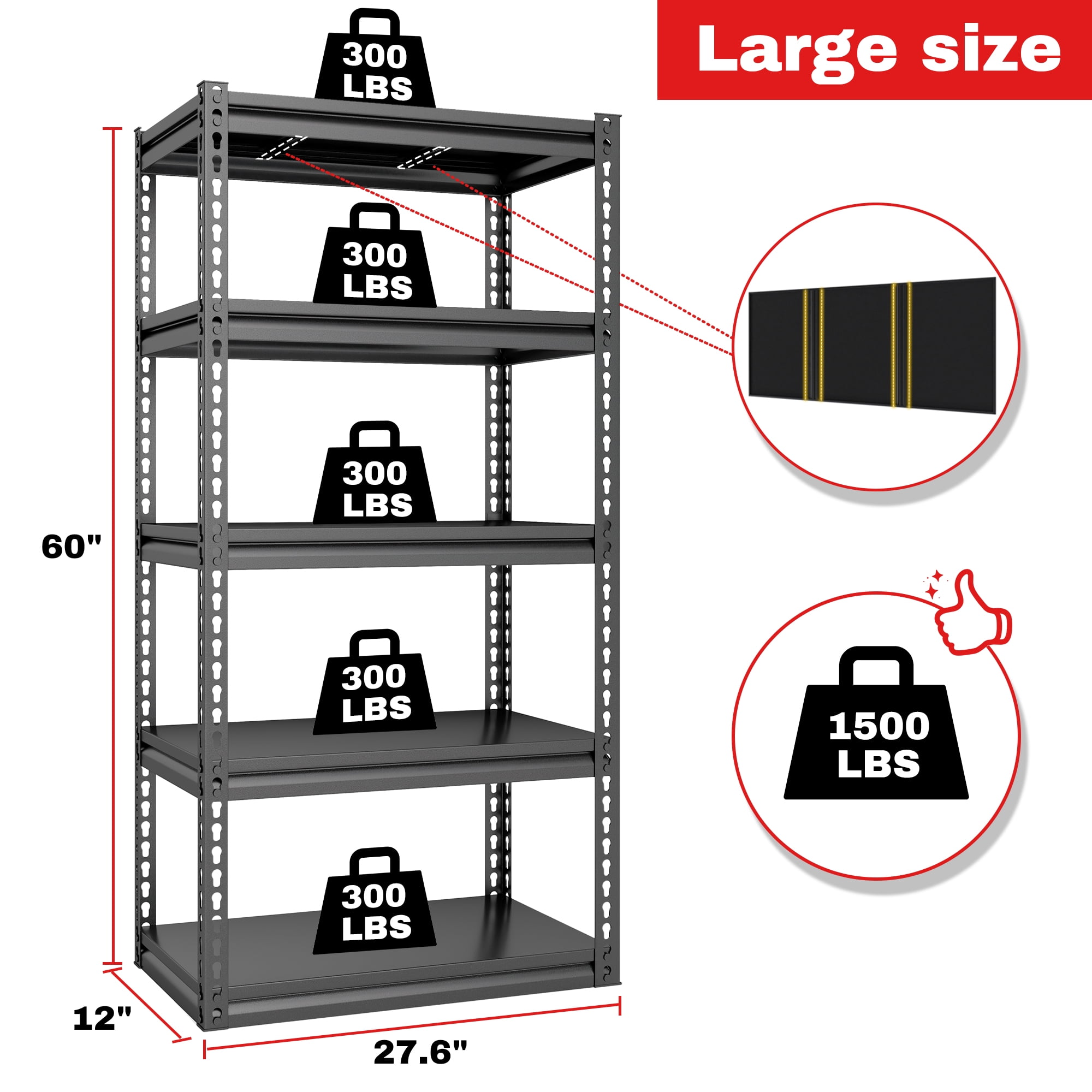 REIBII Storage Shelving Unit 5 Tier Garage Shelves Adjustable Storage Rack Metal Shelving for Basement,Pantry,Kitchen,60"H x 27.6"L x 12"D
