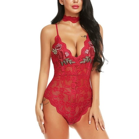 

Womens Lingerie With Collar Embroidery Teddy Lace Jumpsuit Bodysuit V-Neck Underwear Women High Waist