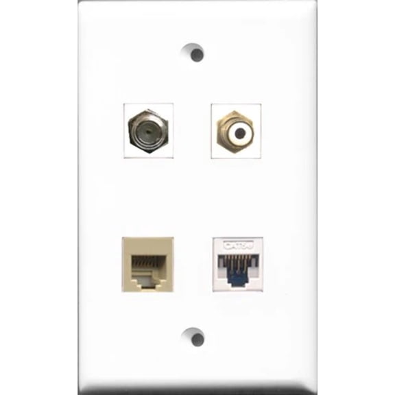 RiteAV 1 Port RCA White and 1 Port Coax Cable TV- F-Type and 1 Port Phone RJ11 RJ12 Beige and 1 Port Cat5e Ethernet White Wall Plate