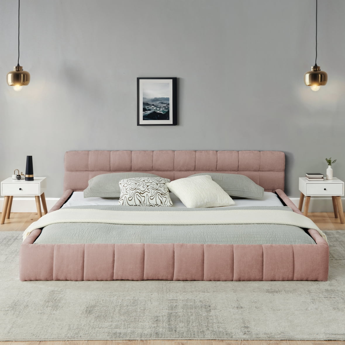King Size Bed Frame with Headboard, Grounded Low Profile Bed with Thick Chenille Fabric, No Box Spring Needed, Sturdy Wood Frame Bed for Bedroom, Pink