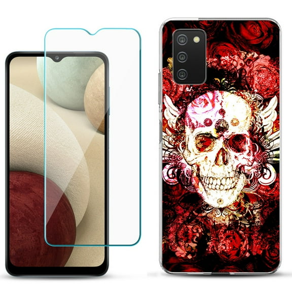 Slim-Fit TPU Phone Case Compatible with Samsung Galaxy A02s, with Tempered Glass Screen Protector, by OneToughShield ® - Rose Skull