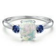 thumbnail image 3 of Gem Stone King 10K White Gold Simulated White Opal and Blue Created Sapphire 3-Stone Ring for Women | 1.28 Cttw | Oval Cabochon 8X6MM | Gemstone October Birthstone | Size 7, 3 of 6