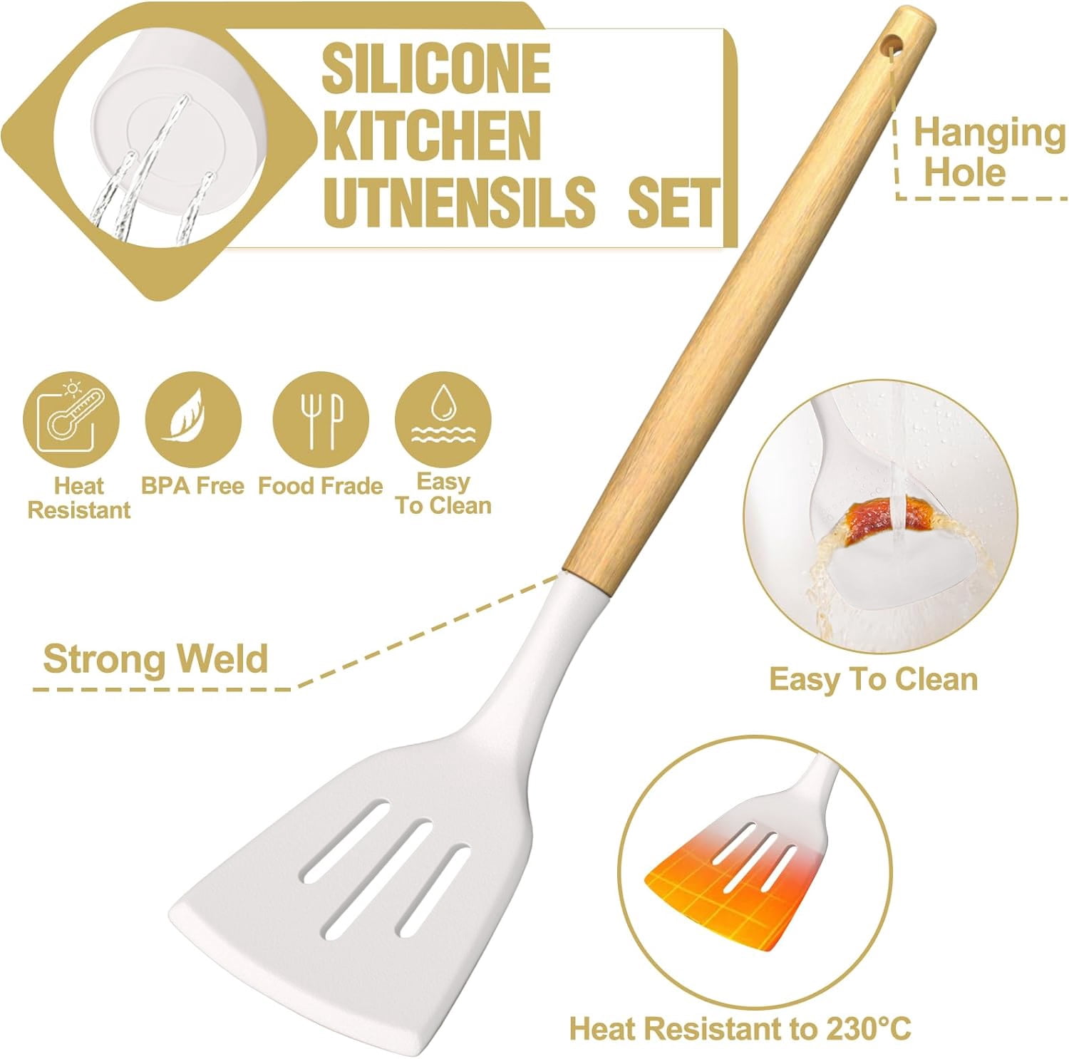 Kitchen Utensil Set, AOKIWO 34Pieces Silicone Cooking Utensil Set with Wooden Handle, Heat Resistant Spatula Set Gadgets Tools Cookware, White