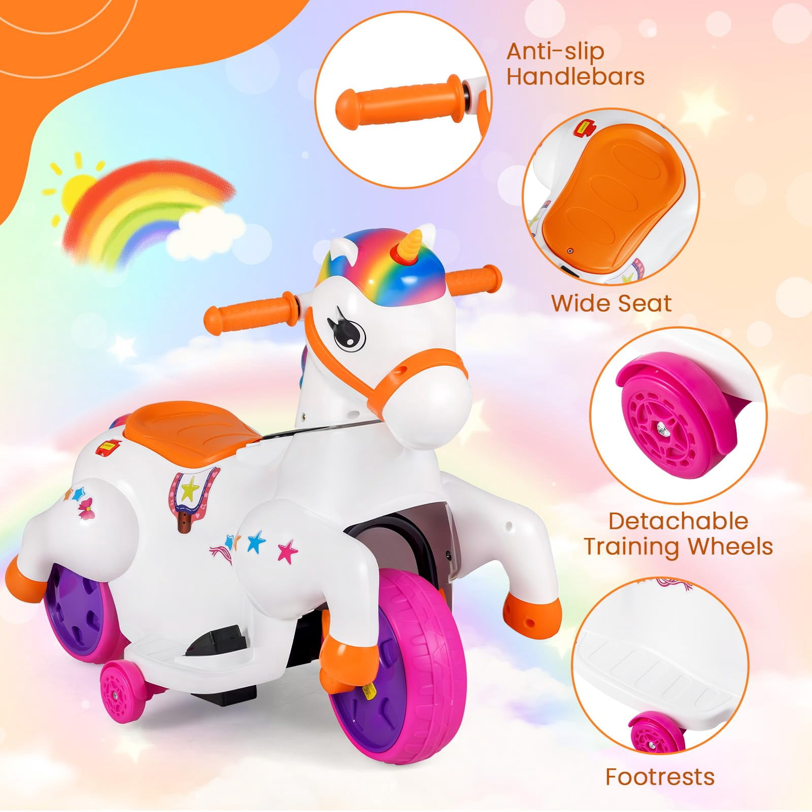 12V Unicorn Ride on Toys, 3-Wheeler Battery Powered Motorized Ride on Horse with Training Wheels, Rainbow Unicorn