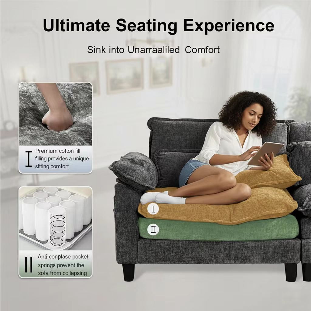 Howcool 113" Modular Sectional Sofa , 3 Seater L-Shaped Cloud Couch with Movable Ottoman, USB Charging Ports & Side Pockets, Sectional couchs for Living Room,Chenille Fabric,Grey(Thick Sponge)