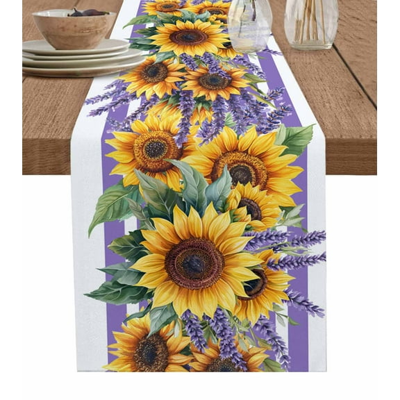 ERUNPONLY Sunflower Table Runner - 36 Inch Long Yellow Summer Floral Purple Striped Farmhouse Cotton and Linen Blended Dress Scarves Farmhouse Table Runner for Kitchen Dining, Coffee Table, 13"x36"