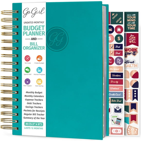 gogirl Planificateur Budget & Organisateur de Factures Mensuel - Livre Financier Mensuel avec Poches, Carnet de Suivi des Dépenses pour Contrôler Votre Argent, Couverture Rigide Compacte à Spirale, Dure 1 An - Tu