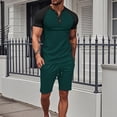thumbnail image 2 of Pantalones de los Hombres Cintura Elástica, Color Casual Bloqueado, Manga Corta Cuello Redondo Bolsillo Shorts Conjunto, 2 of 9