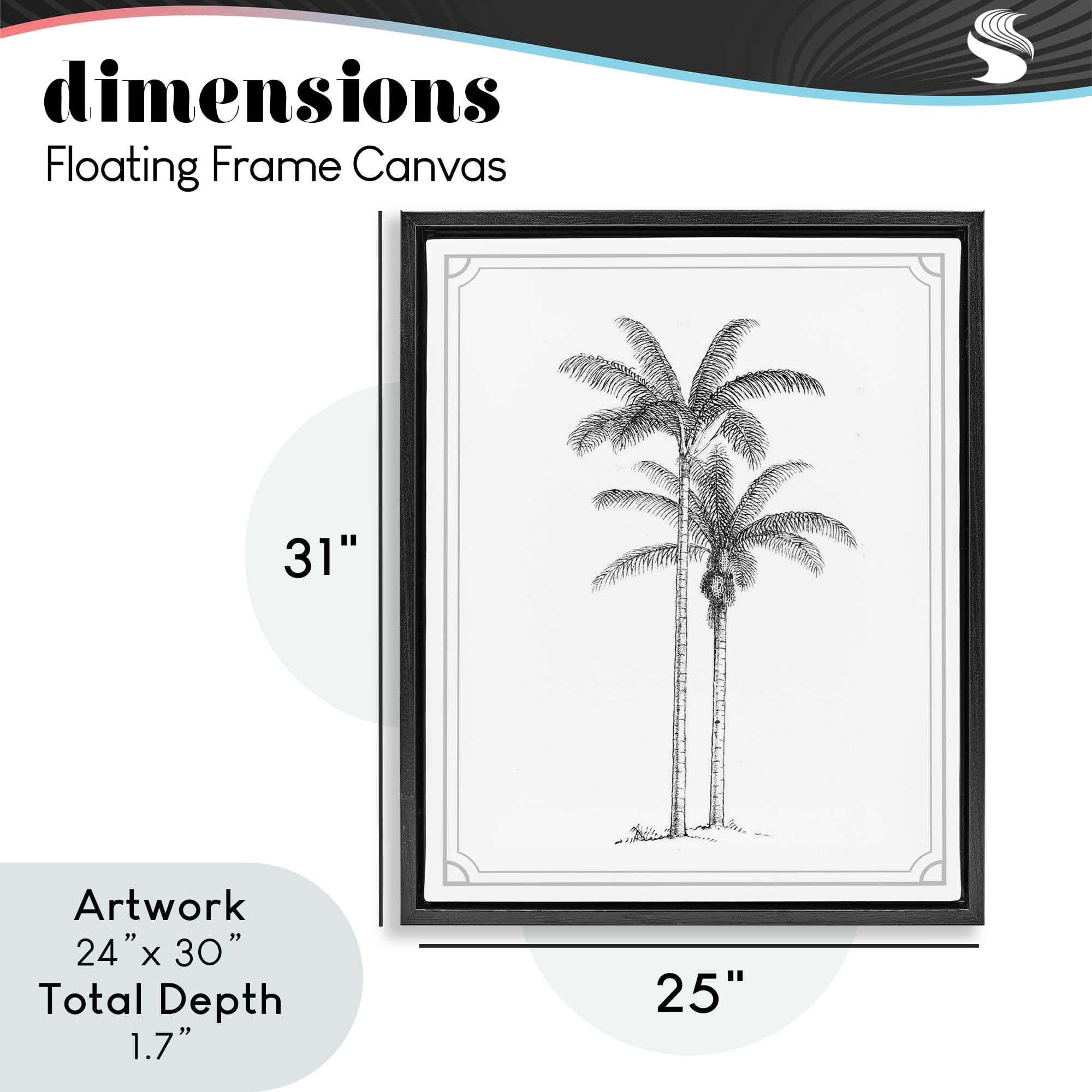 Vintage Simple Palm Tree Black Framed Floater Canvas Wall Art, design by Lettered and Lined