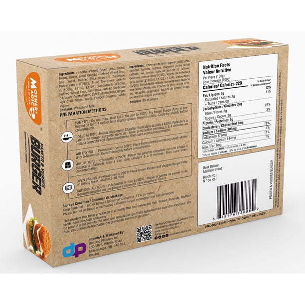 Mother's Magic Paneer & Veggies Burger Patty 400G, Paneer & Veg