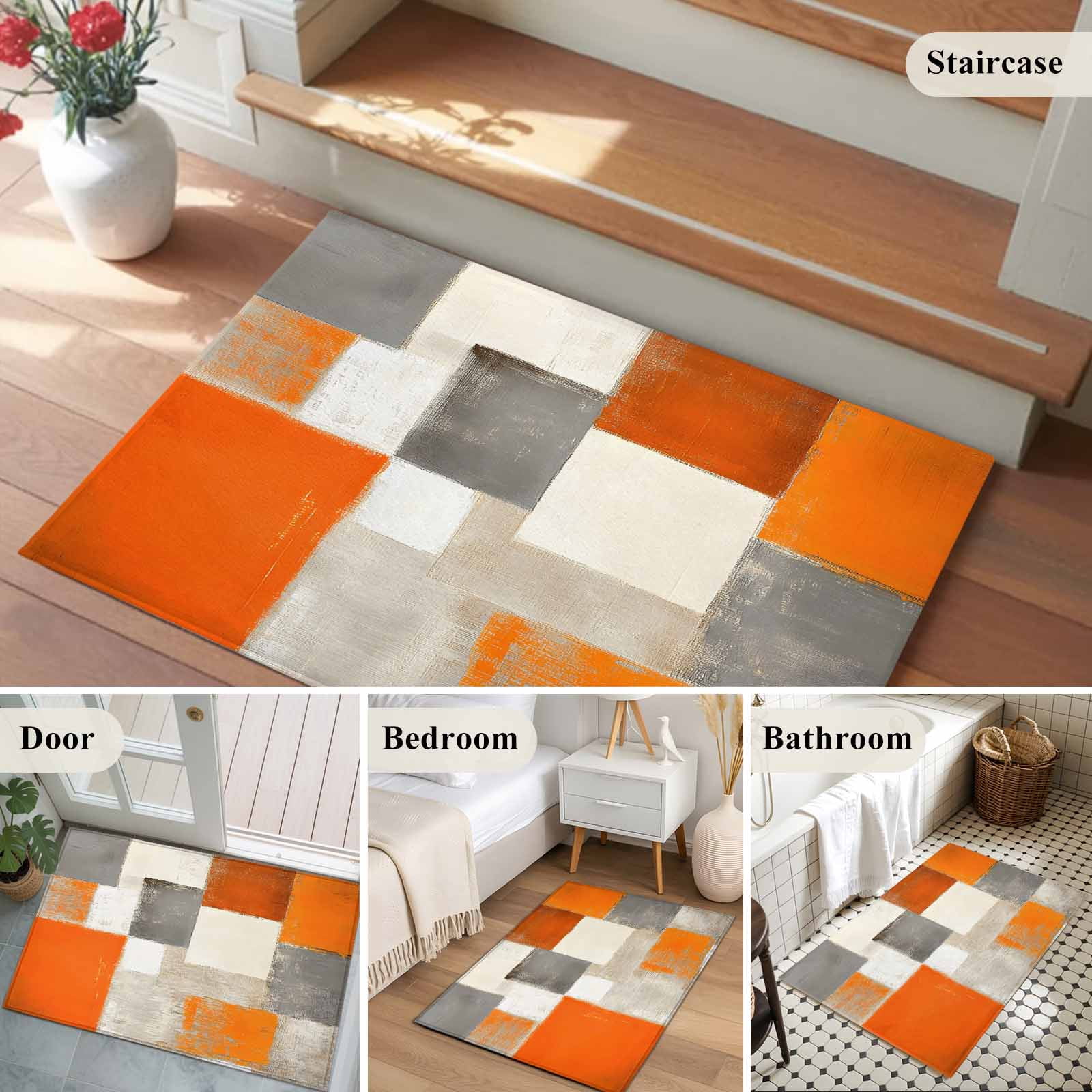 Burnt Orange Bathroom Mat 2x3 FT, Non Slip Small Kitchen Mat, Grey Modern Abstract Art Oil Painting Geometric Washable Soft Backed Front Door Throw Rug Indoor Outdoor Doormat for Entryway Sink
