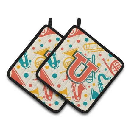 

Letter U Retro Teal Orange Musical Instruments Initial Pair of Pot Holders