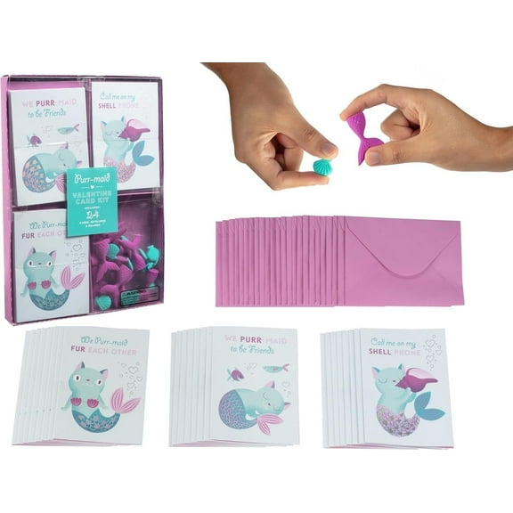 Cat Mermaid Mini Eraser Valentine's Day Cards Classroom Gift Exchange - 24 Cards Sets for the Entire Class - Each Include Card, Seashell Eraser & Envelope - Cute Class Gifts for Boys & Girls