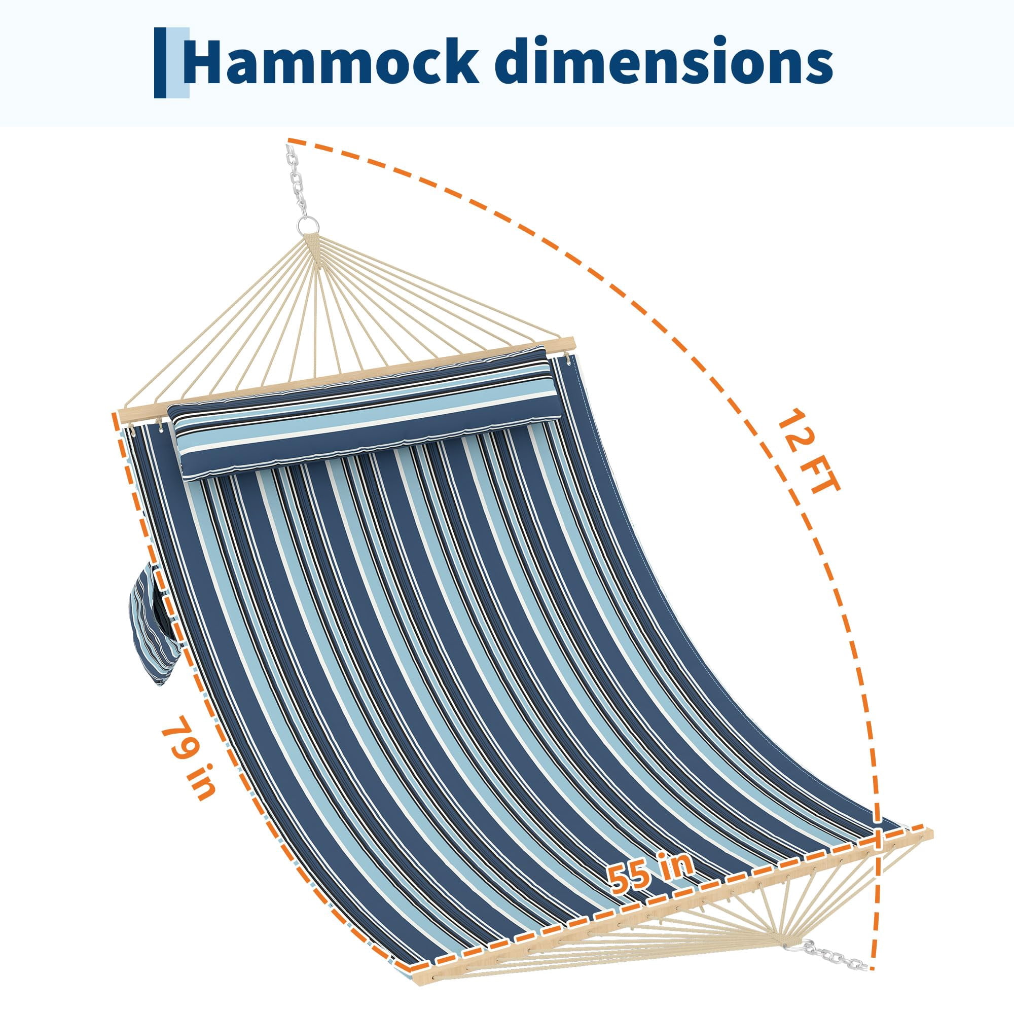 Large Quilted Fabric Hammock for 2 Person, Heavy Duty Hammock with Hardwood Spreader Bars, Detachable Pillow, Support up to 450 LBS, Weather-Resistant, for Patio, Backyard, Pool, Blue Striped