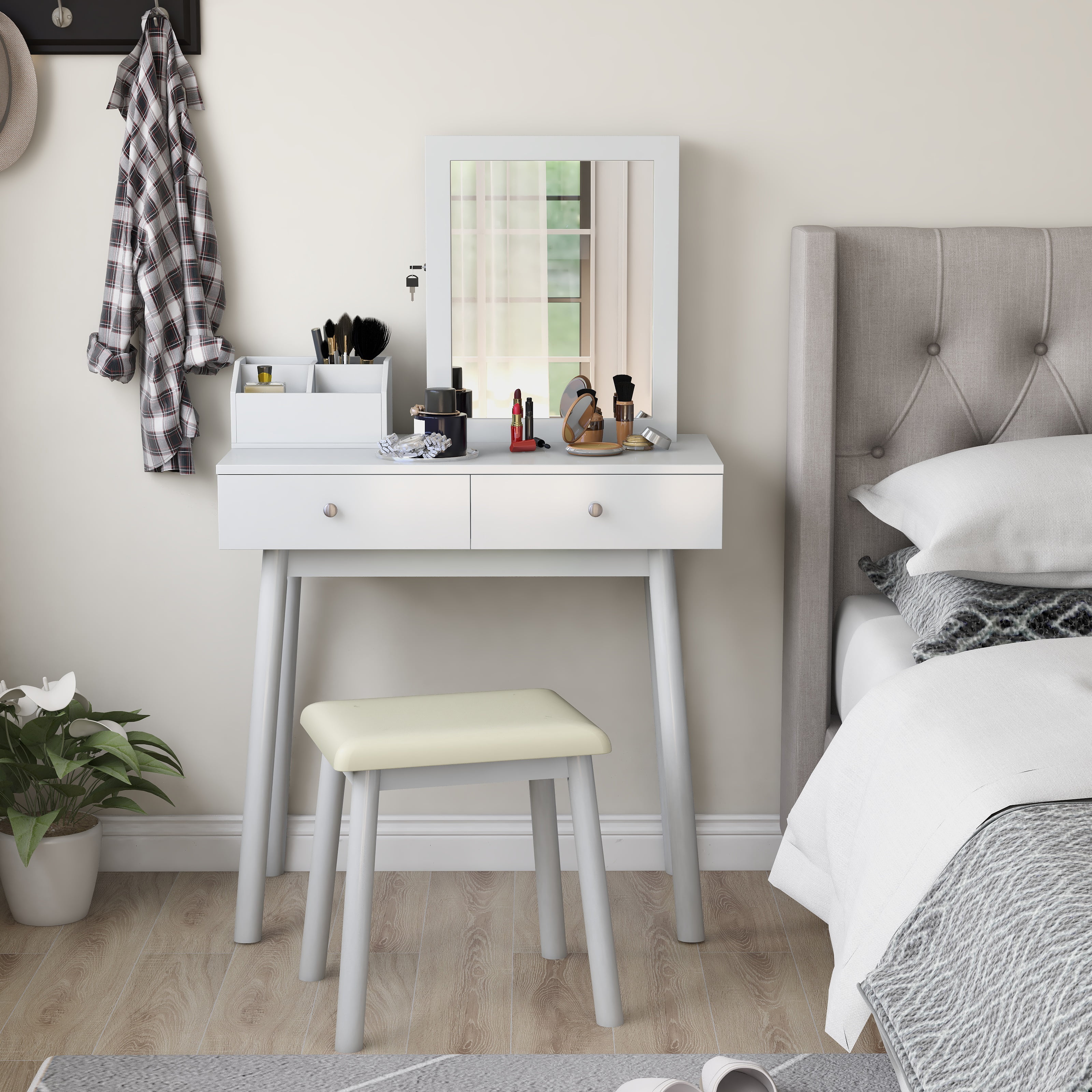 Details about   Vanity Makeup Dressing Table Set W/ Square Mirror Stool 4 Drawers White Bedroom 