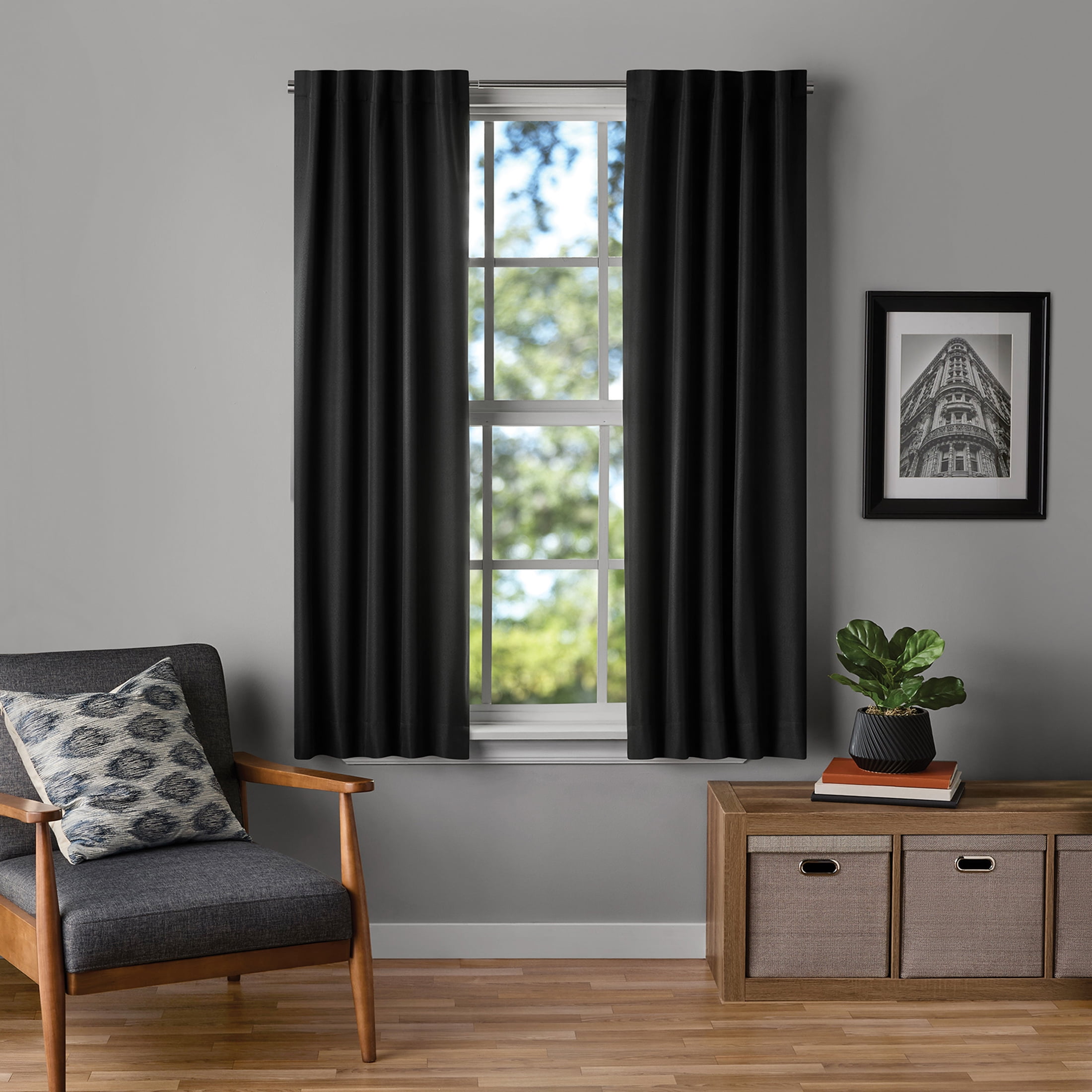 Mainstays Black Solid Blackout Rod Pocket with Back Tabs Curtain Panel Pair, Set of 2, 30" W x 63" L