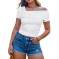 thumbnail image 4 of Blusa de manga corta con cuello asimétrico Y2K para mujer con hombros descubiertos, 4 of 5
