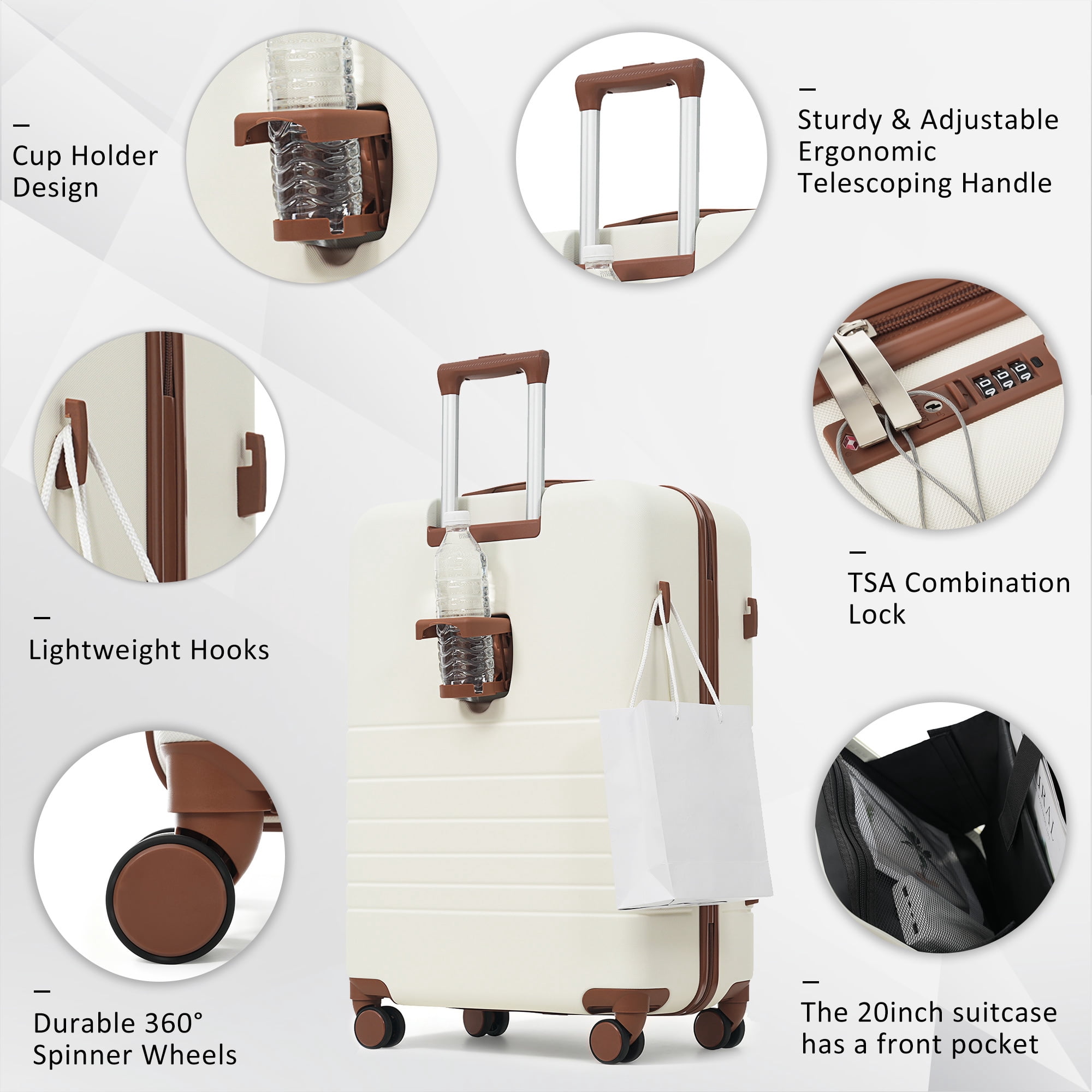 Euroco 2 Piece Luggage Sets Front-Opening, 20" Carry On Luggage with Cup Holder, USB Charging Ports,TSA Lock & Spinner Wheels,ABS Hardshell Lightweight Suitcase Set for Travel,Ivory