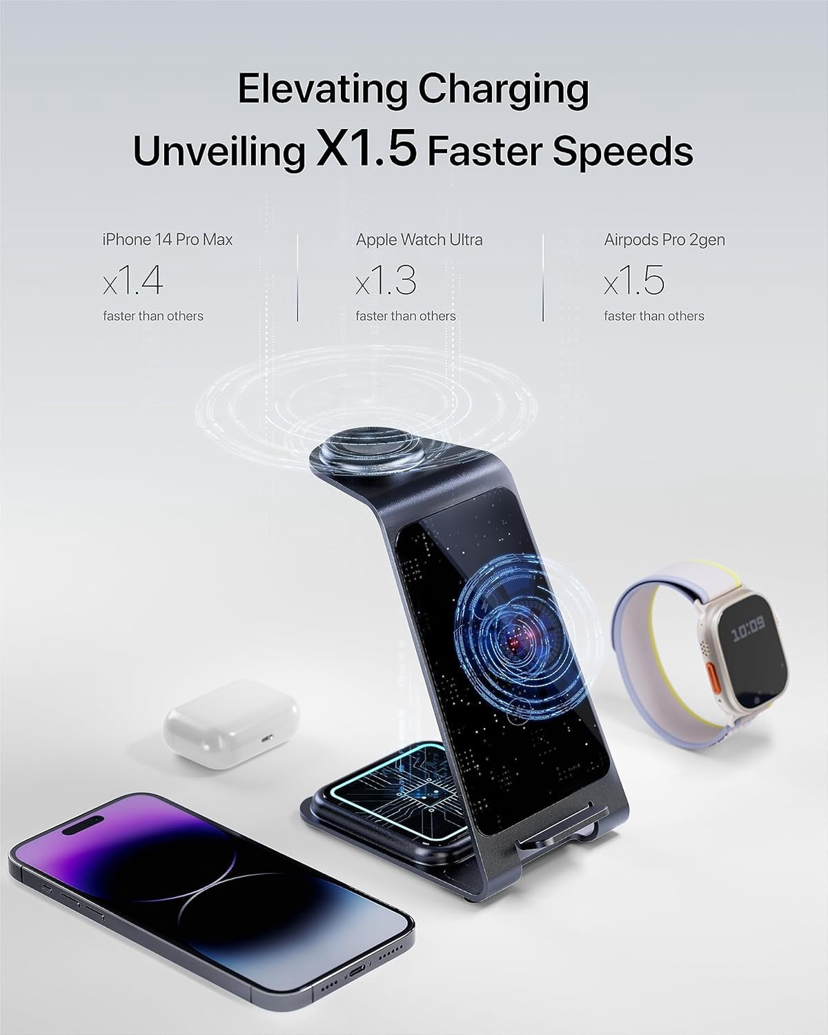 Mobii 3 in 1 Wireless Charger for iPhone 16 15 14 13 12 11 X Pro Max, Wireless Charger for Apple Watch 10 Ultra 3 SE 9 8 7 6 5 4 3 2 and Wireless Charger for AirPods 4 Pro Pro 2 3(Silver)