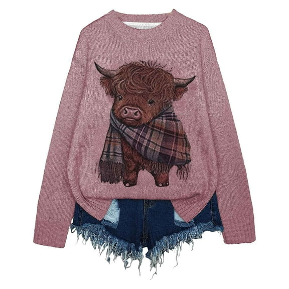KHONTS Cute Highland Cow Print Sweaters for Women Long Sleeve Knit Drop Shoulder Casual Pullover Tops Comfy Loose Sweatshirt Pink XL