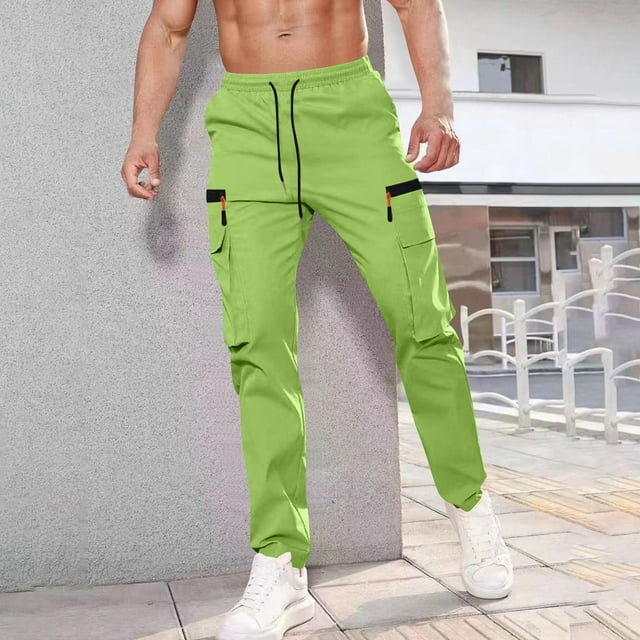 Ceisia Men Solid Color Fleece Multi Pocket Work Pants Loose Drawstring Gift Elastic Cuff Trousers