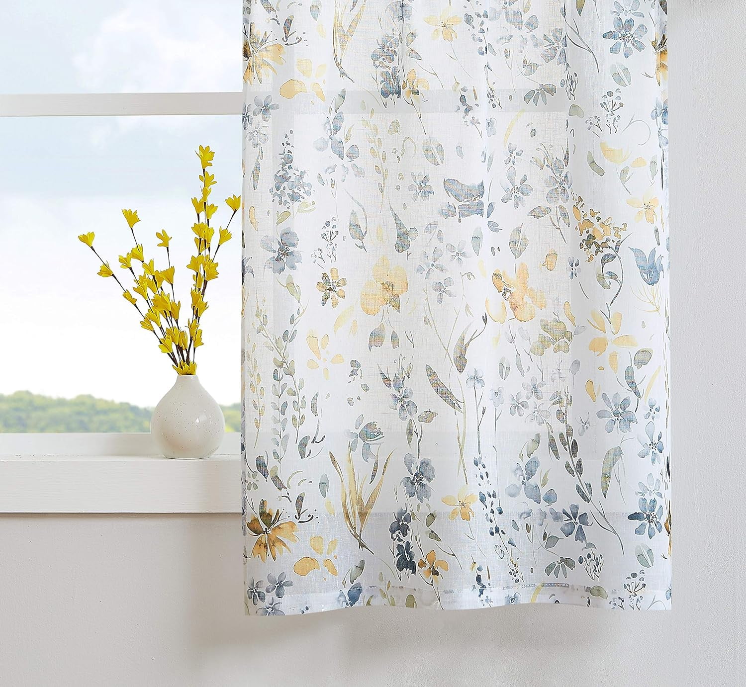 Floral Yellow and Grey Sheer Kitchen Curtains 24 inch Farmhouse Small Window Curtains Linen Textured Watercolor Short Cafe Curtains for Bathroom/Basement,28" W x 24" L 2 Panels Rod Pocket