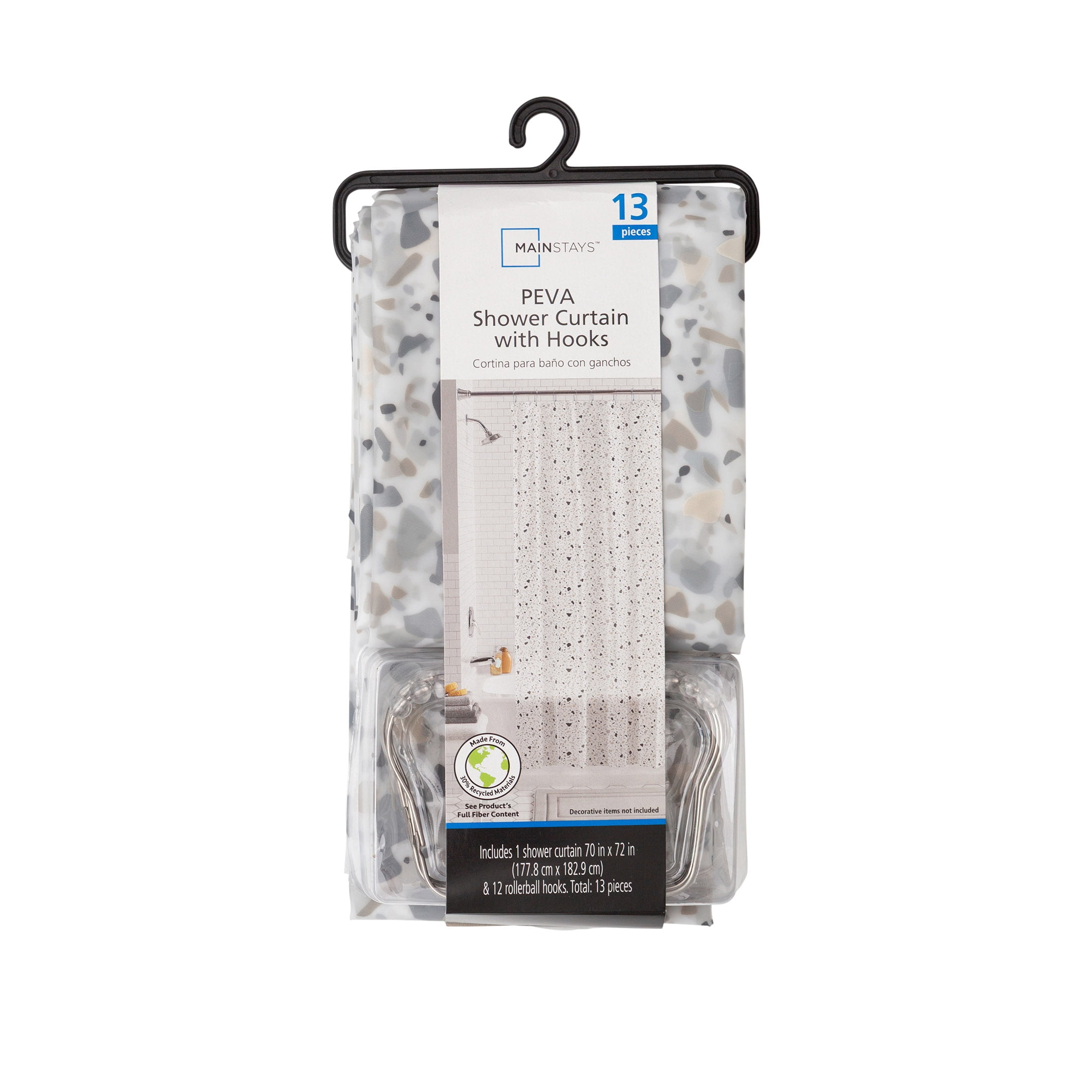 (4 pack) Mainstays Eco-friendly Terrazzo Waterproof Recycled PEVA Shower Curtain Set and Hooks, Black, White