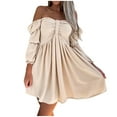 thumbnail image 1 of Dresses for Women 2022 Tube Top Off Shoulder Ruffle Long Sleeve Solid Color Pleated Midi Dress A-Line Dress, 1 of 7