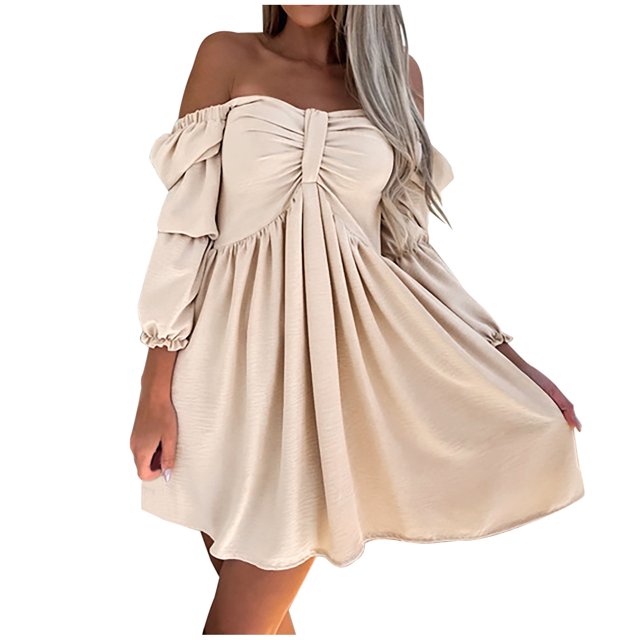 Dresses for Women 2022 Tube Top Off Shoulder Ruffle Long Sleeve Solid Color Pleated Midi Dress A-Line Dress