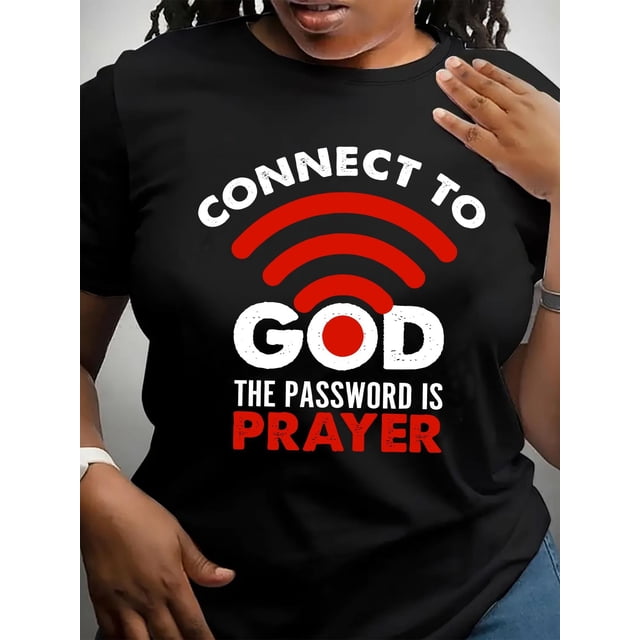 Camiseta informal de manga corta y cuello redondo para mujer con estampado "Conéctate con Dios: La contraseña es la oración", tejido de punto de algodón, largo regular, para todas las estaciones, para