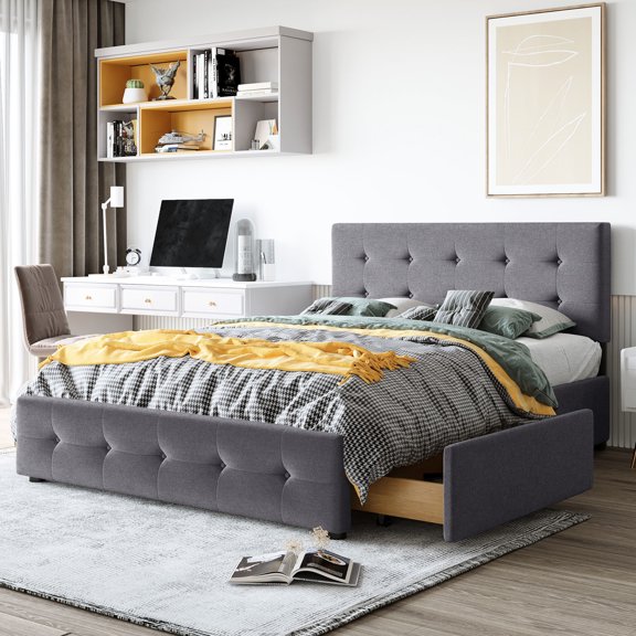 Upholstered Platform Bed In Dark Gray, Queen With 4 Drawers And Elegant , No Box Spring, Linen, Robust Wood Construction Gray For Inviting Headboard,