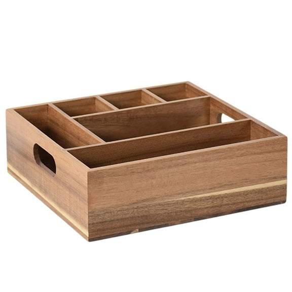Utensil Holder Utensil Caddy Acacia Wood Paper Plate Organizer Cutlery Holder for Countertop Silverware Caddy with 6 Compartments for Party Kitchen Camping Buffet