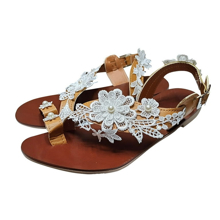 AnuYalue White Flat Sandals,Lace Wedding Sandals, Flat Toe Ring