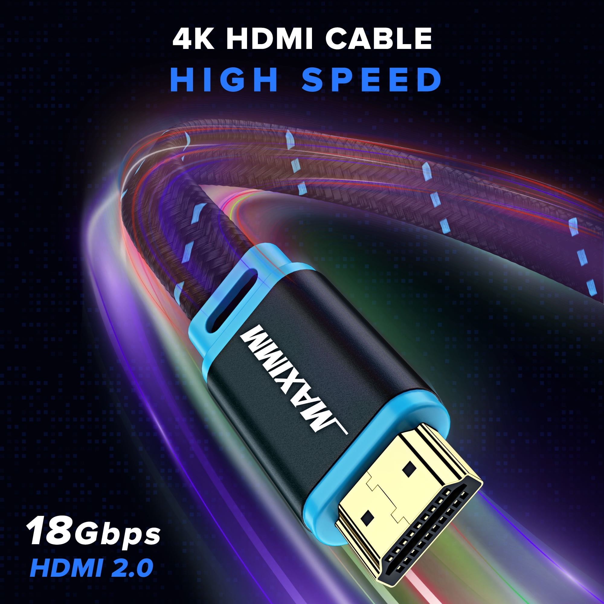 4K HDMI Cable, 10ft, Super-Slim Flat Space-Saving, High-Speed HDR HDMI 2.0 Braided Cord, 3-Pack, UL-Certified