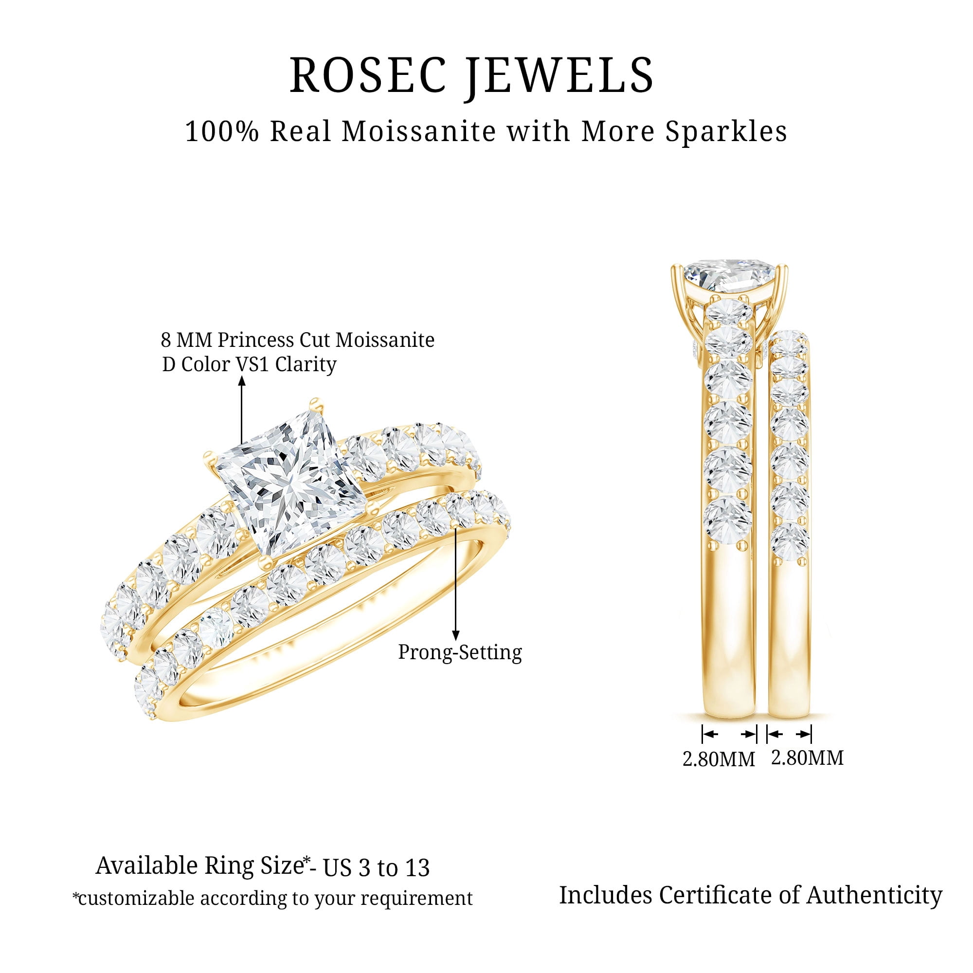 Rosec Jewels Princess Cut Moissanite Wedding Ring Set for Women - D-VS1 Quality - Moissanite Engagement Ring with Enhancer, 10K Yellow Gold, US 7.50